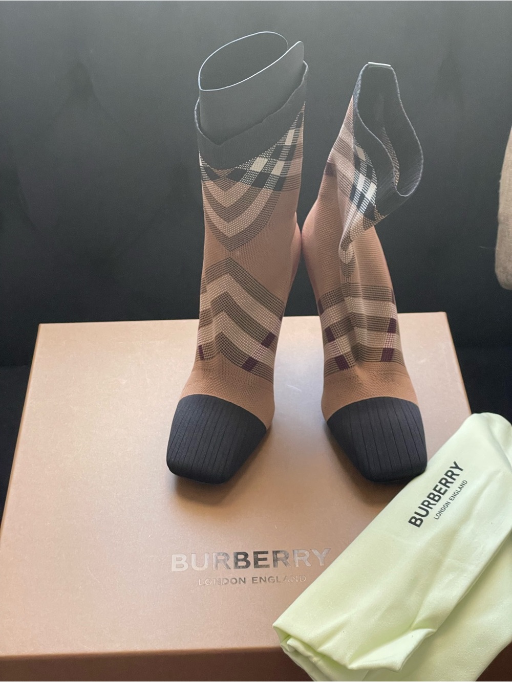 Burberry Tan Check Sock Boots with Black Toe & Cuff